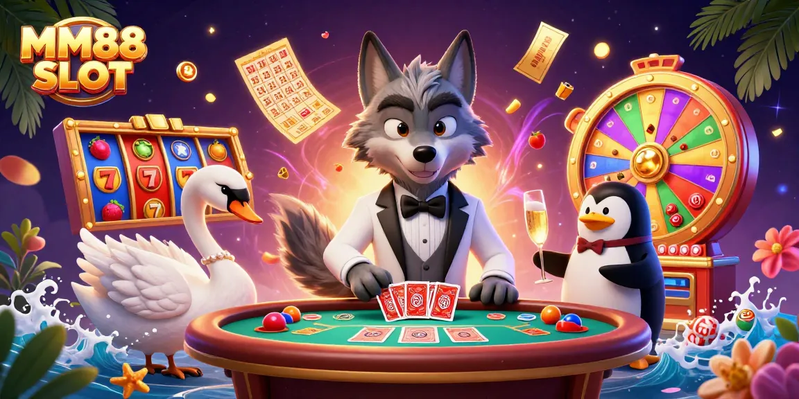 Engage with the vibrant MM88 SLOT scene showcasing a debonair wolf, dealing cards at a luxury casino.