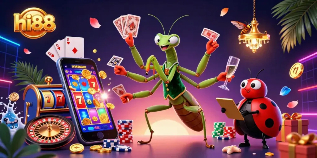 Experience excitement with hi88, featuring an animated mantis and ladybug in vibrant casino action.