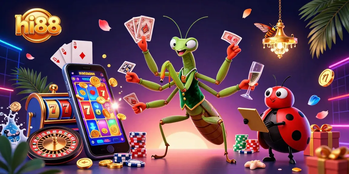 Experience excitement with hi88, featuring an animated mantis and ladybug in vibrant casino action.