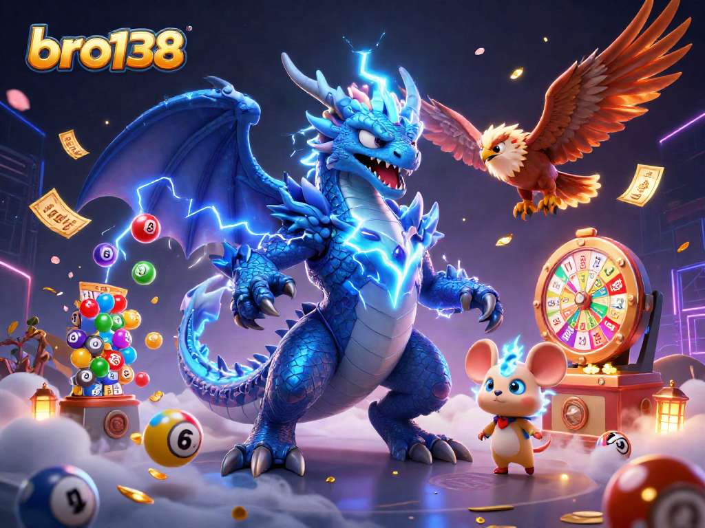 Spin and win at bro138 with a vibrant 3D illustration of dynamic lottery elements.