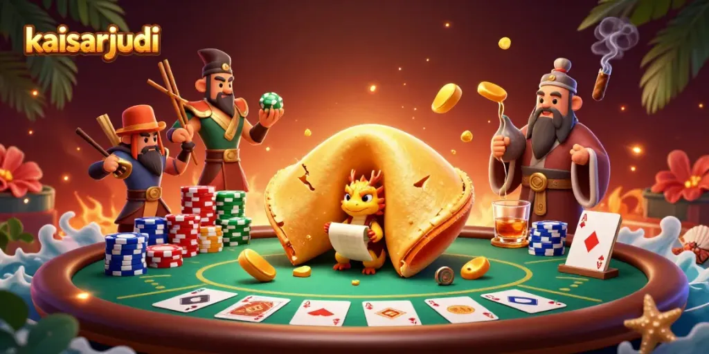 Kaisarjudi showcases a fortune cookie scene with a wise dragon guarding gold and poker elements.