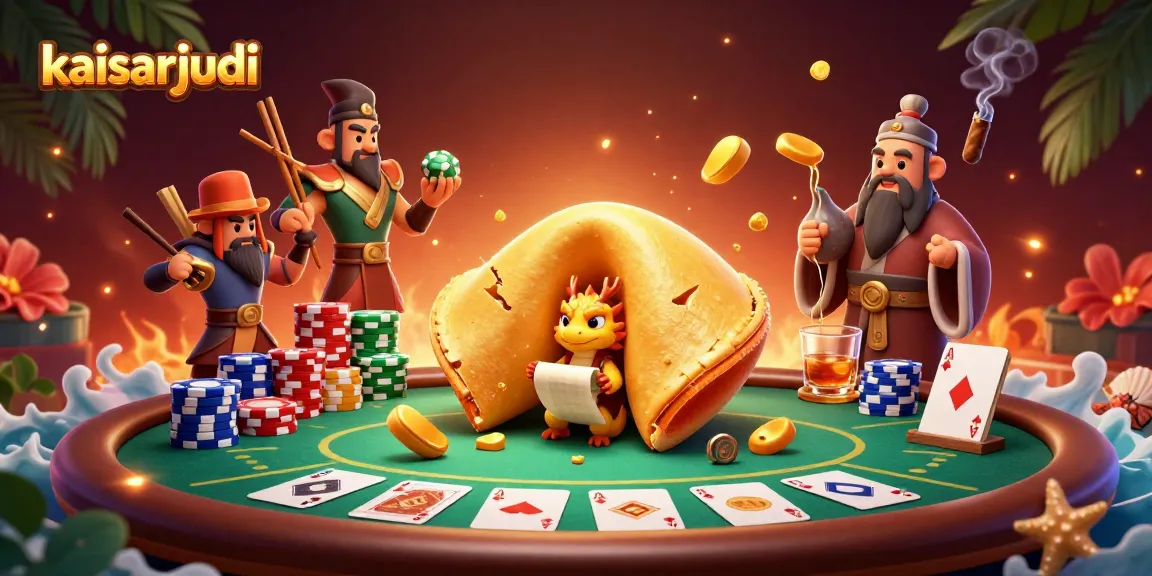 Kaisarjudi showcases a fortune cookie scene with a wise dragon guarding gold and poker elements.