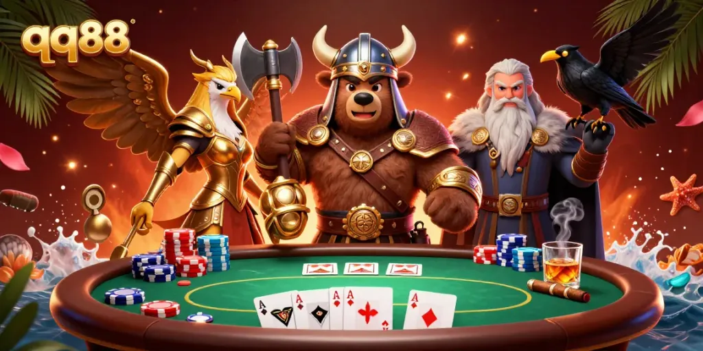 Engage in thrilling gameplay with qq88's Viking bear and Valkyrie eagle at the poker table.