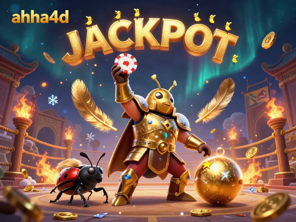 Experience victory at ahha4d with a cartoon beetle hero lifting a poker chip amidst a jackpot celebration.