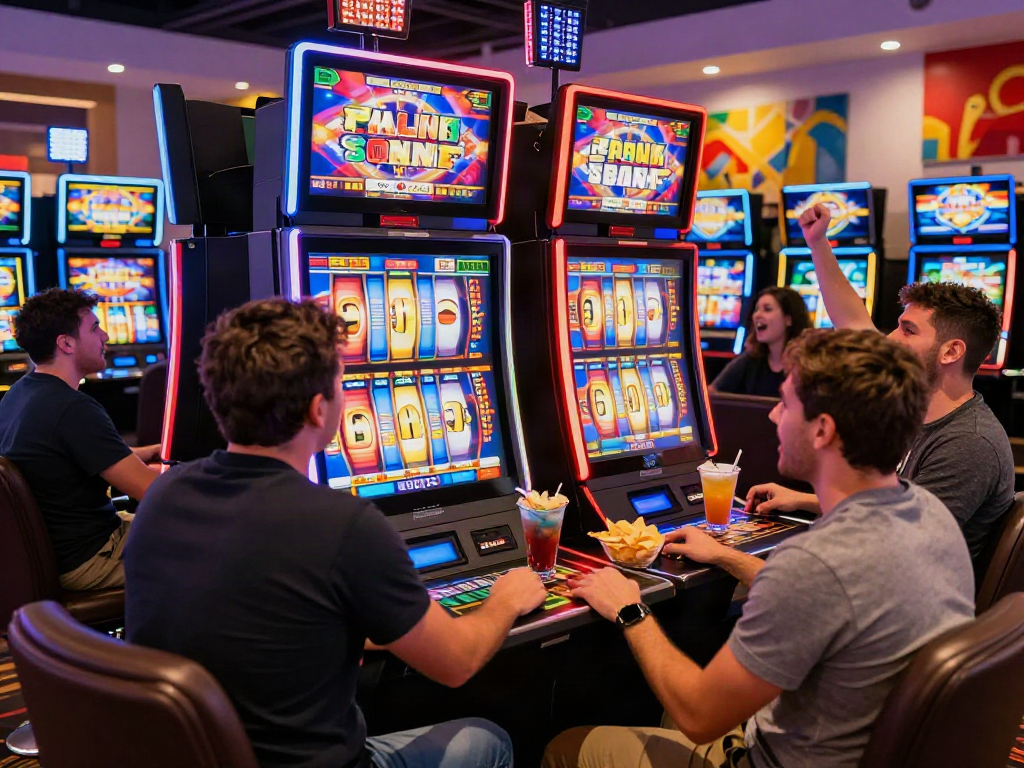 Exciting slot qris 5k gaming scene with players enjoying vibrant slot machines.