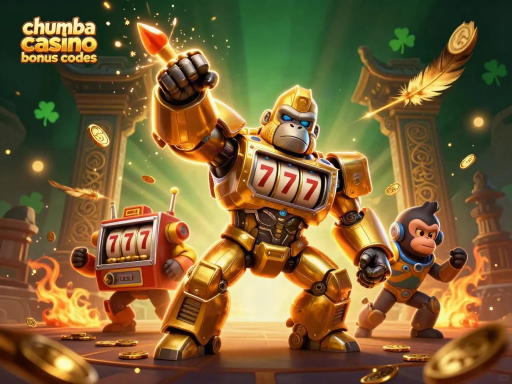 Experience the excitement of chumba casino bonus codes with a dynamic 3D illustration featuring a golden gorilla mech and dazzling visuals.