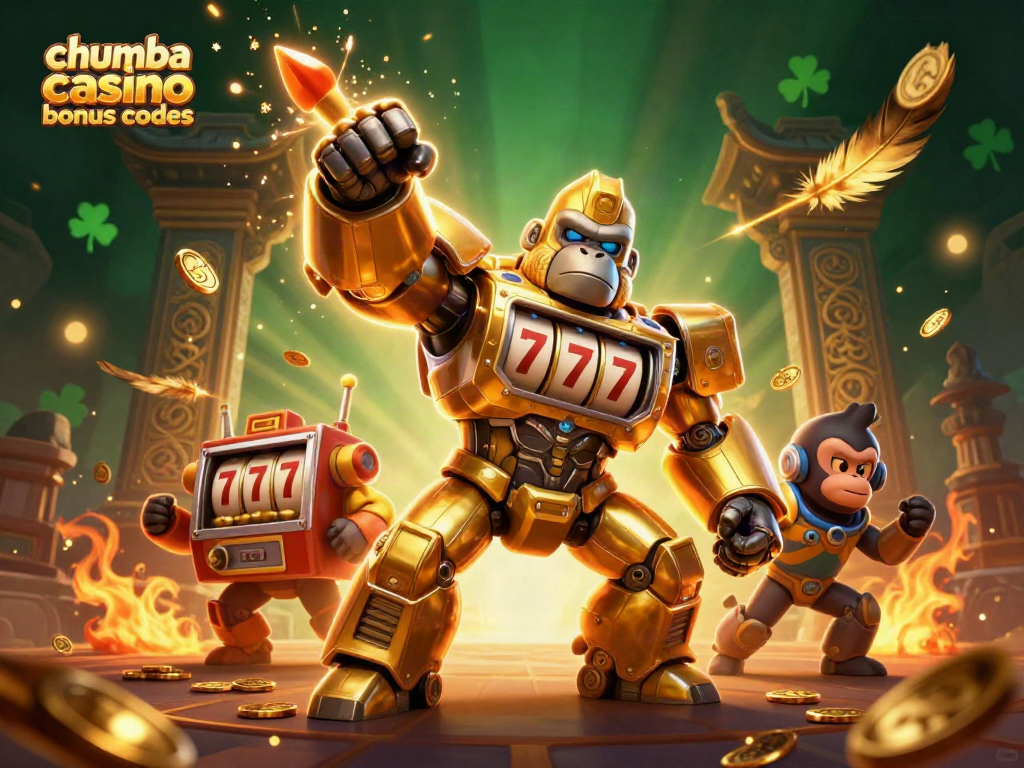Experience the excitement of chumba casino bonus codes with a dynamic 3D illustration featuring a golden gorilla mech and dazzling visuals.