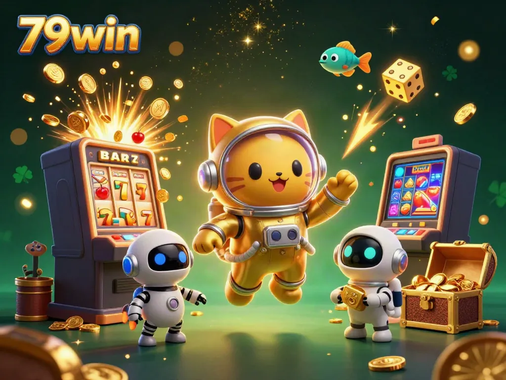 Experience the excitement of 79win with a dynamic 3D casino illustration featuring vibrant characters and rich game elements.
