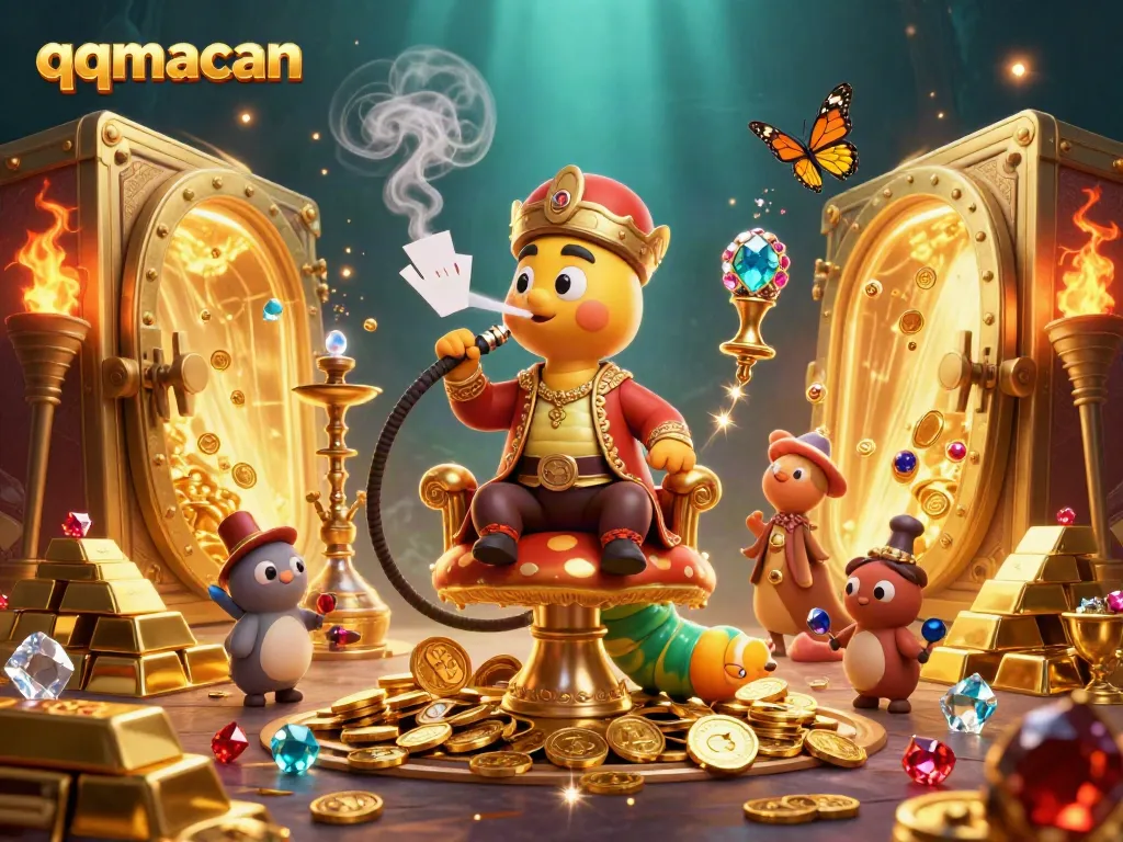 Experience the enchanting qqmacan journey with a mystical caterpillar and dazzling treasures.