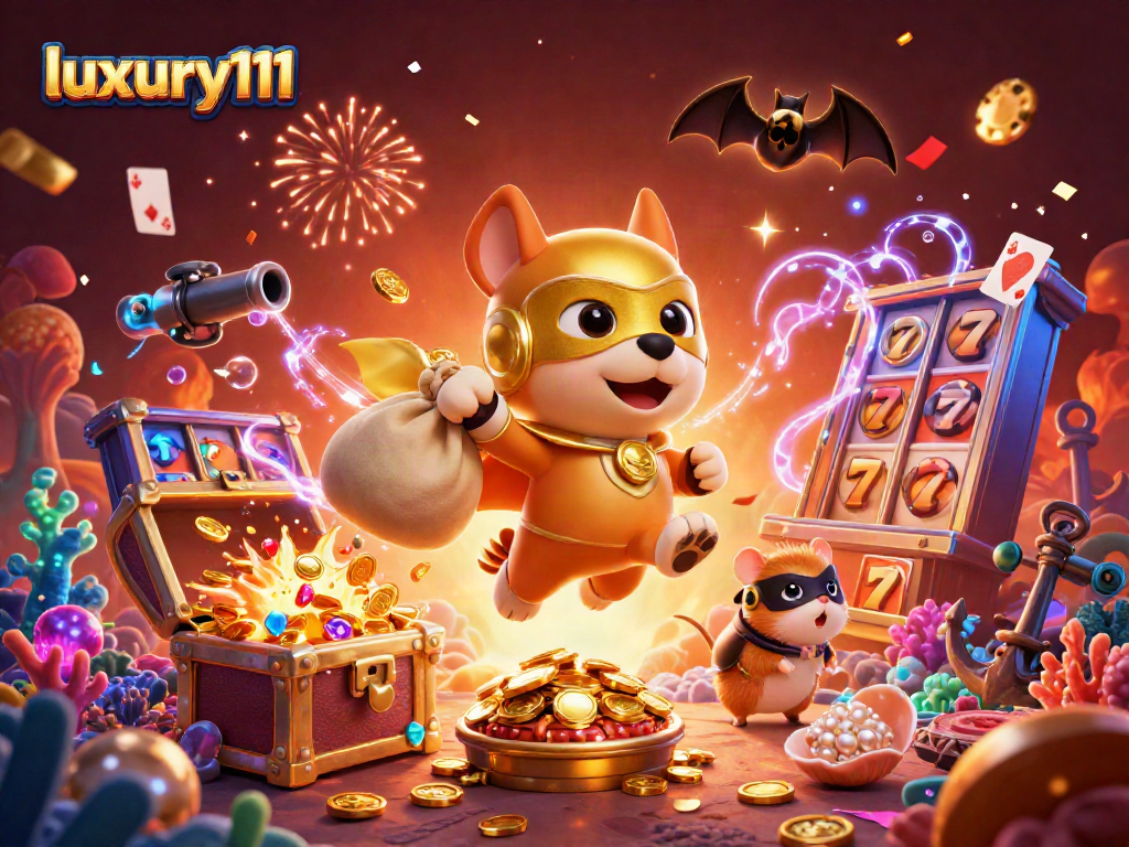 Experience excitement with luxury111 as a superhero dog flies amidst casino treasures.
