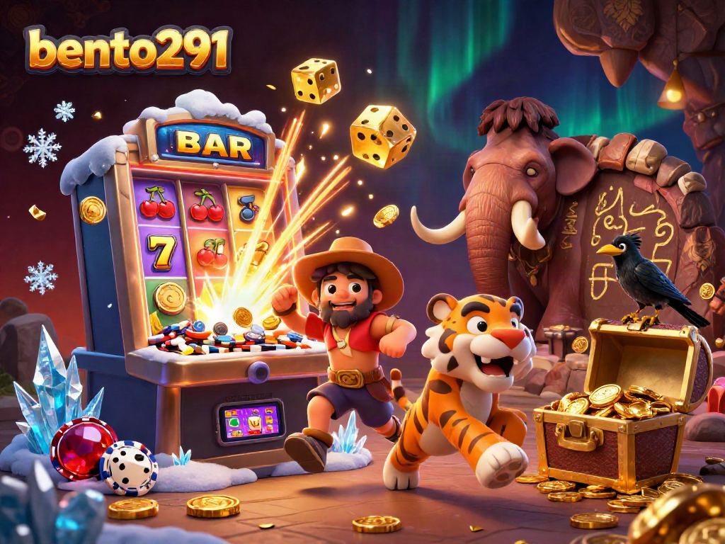Bento291 brings excitement to players with a vibrant, prehistoric casino scene featuring a caveman, sabertooth tiger, and a clever crow.
