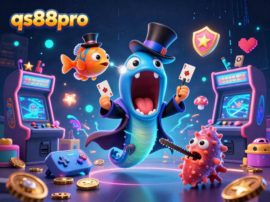 qs88pro showcases a magical 3D scene with colorful game elements, featuring a performing eel and interactive deep-sea creatures.