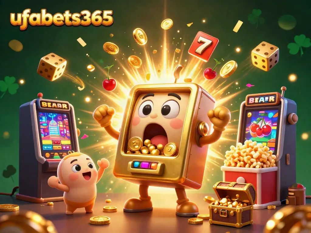 Experience excitement with ufabets365, capturing a golden slot machine hitting a jackpot amidst cheering baby slot machines and festive visuals.