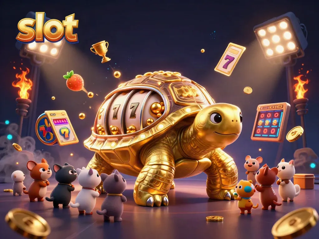 Exciting slot scene featuring a colossal tortoise slot machine with golden balls and eager players.