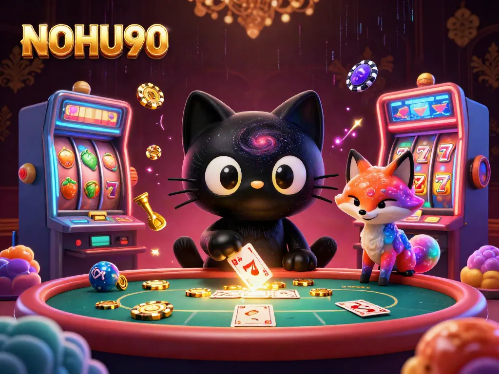 Experience the mesmerizing game dynamics of NOHU90 at a cosmic casino table with vibrant characters.
