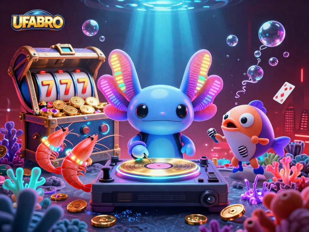 UFABRO celebrates casino excitement with neon characters, vibrant game symbols, and lively underwater elements.