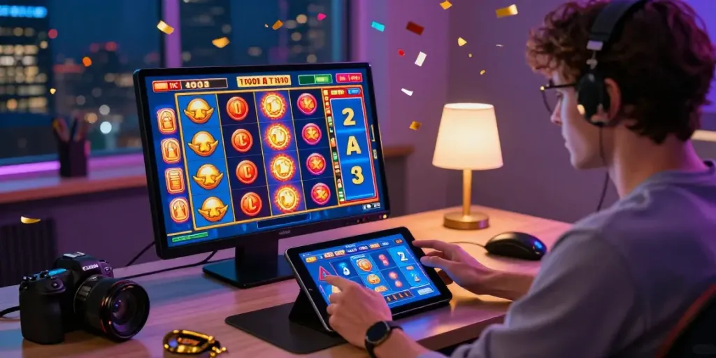 Engaged player enjoying slot gacor games on a tablet with vibrant animations and celebratory atmosphere.