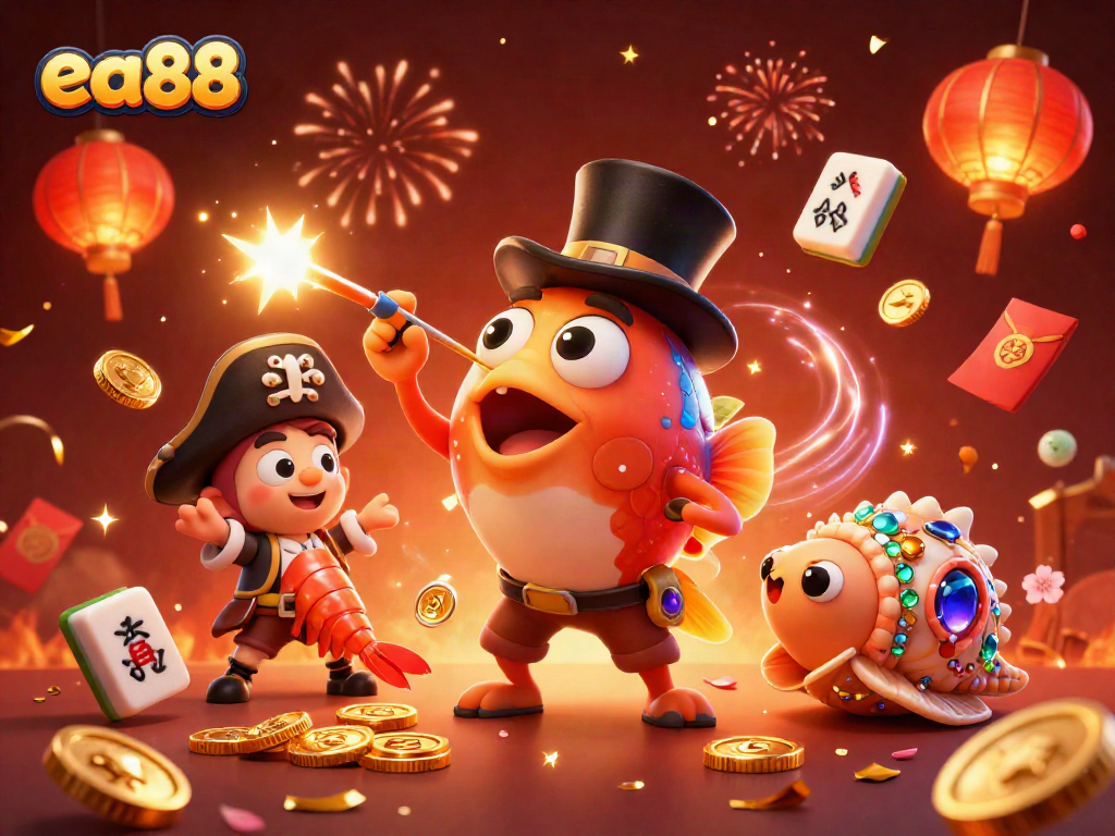 Engage with the vibrant world of ea88 featuring an anglerfish and a treasure snail in a festive casino scene.