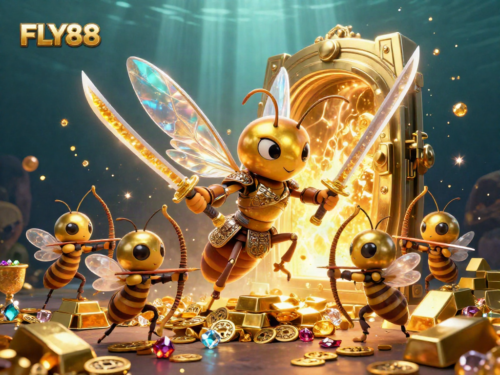 FLY88 offers vibrant casino excitement with dynamic characters and sparkling treasures in this 3D illustration.