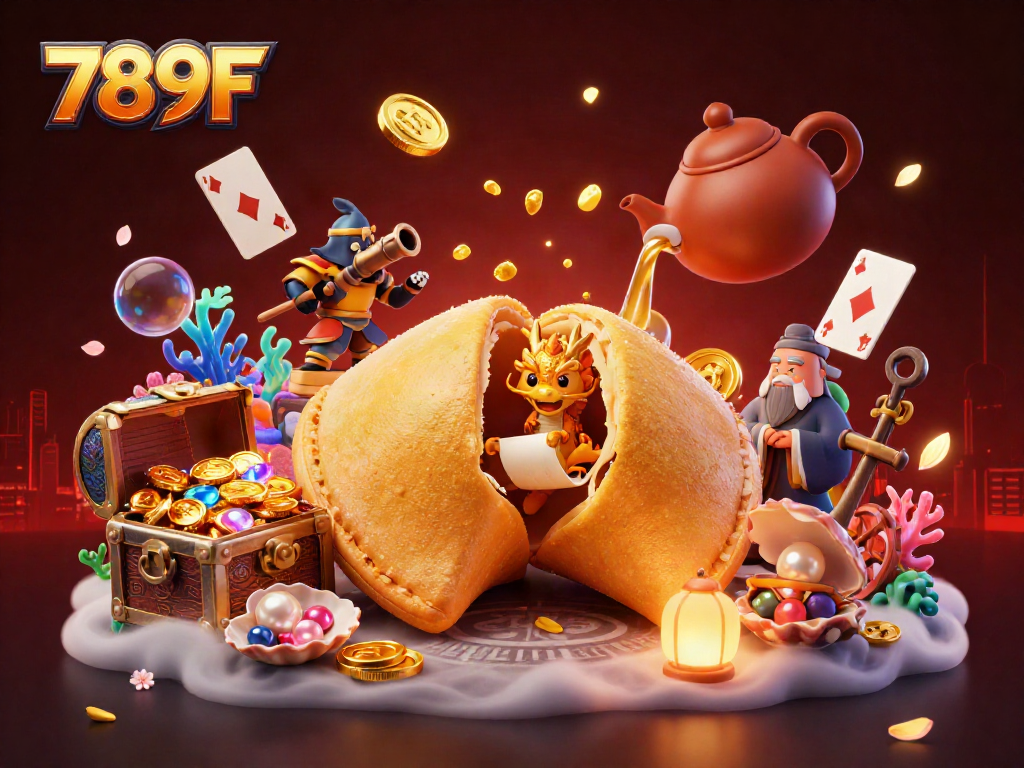 Experience the excitement of 789F with a dynamic 3D casino scene featuring a golden fortune cookie and magical elements.