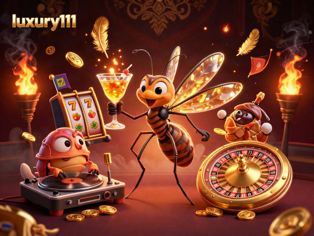 Experience luxury111 at a vibrant casino scene featuring a mosquito mascot, trilobite DJ, and golden roulette wheel.
