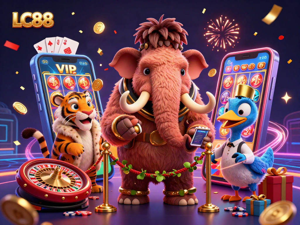 Win big at LC88 with a vibrant scene showing a woolly mammoth bouncer and colorful casino elements.