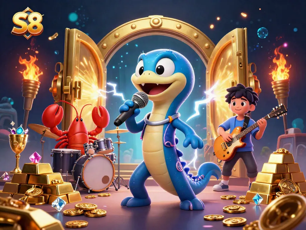 S8's vibrant underwater casino scene featuring an electric eel DJ and treasure-filled stage.