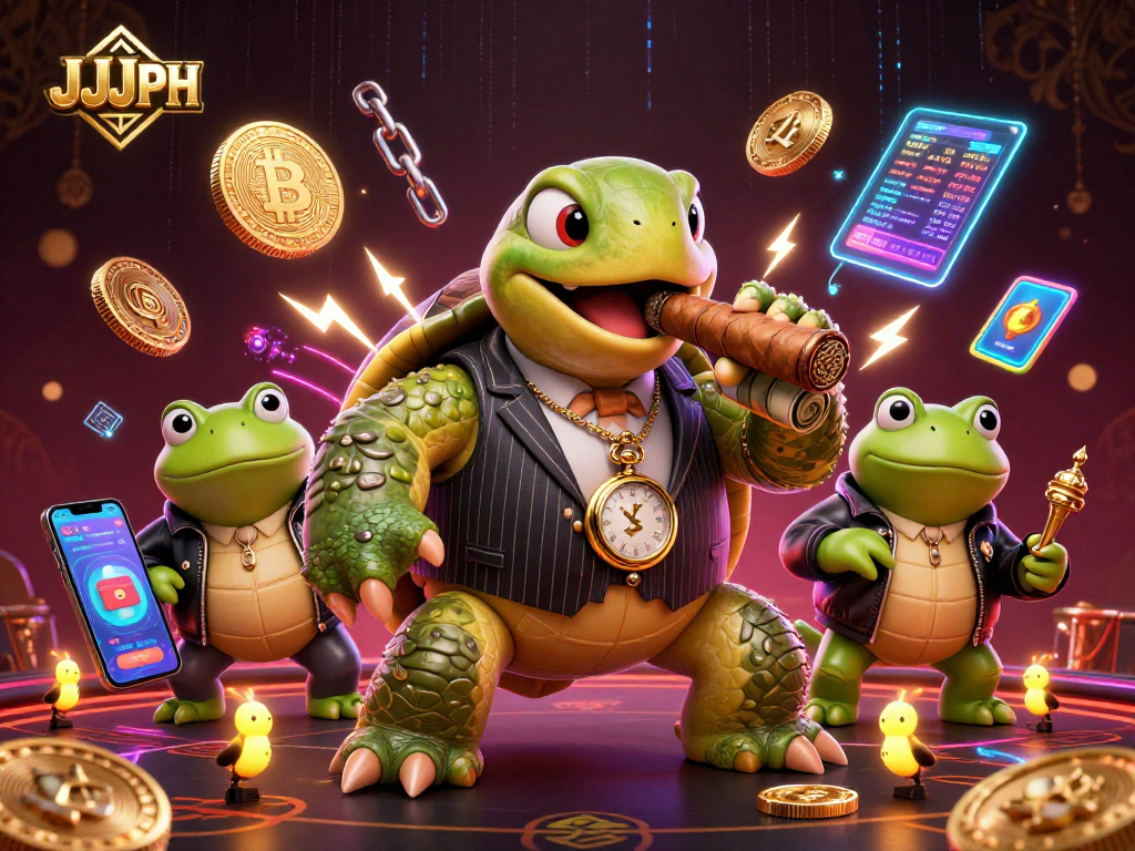 Isang masiglang eksena sa JJJPH kasama ang isang malaking pagong sa suit ng mobster at mga bullfrog na alipin na naglalaro sa casino.