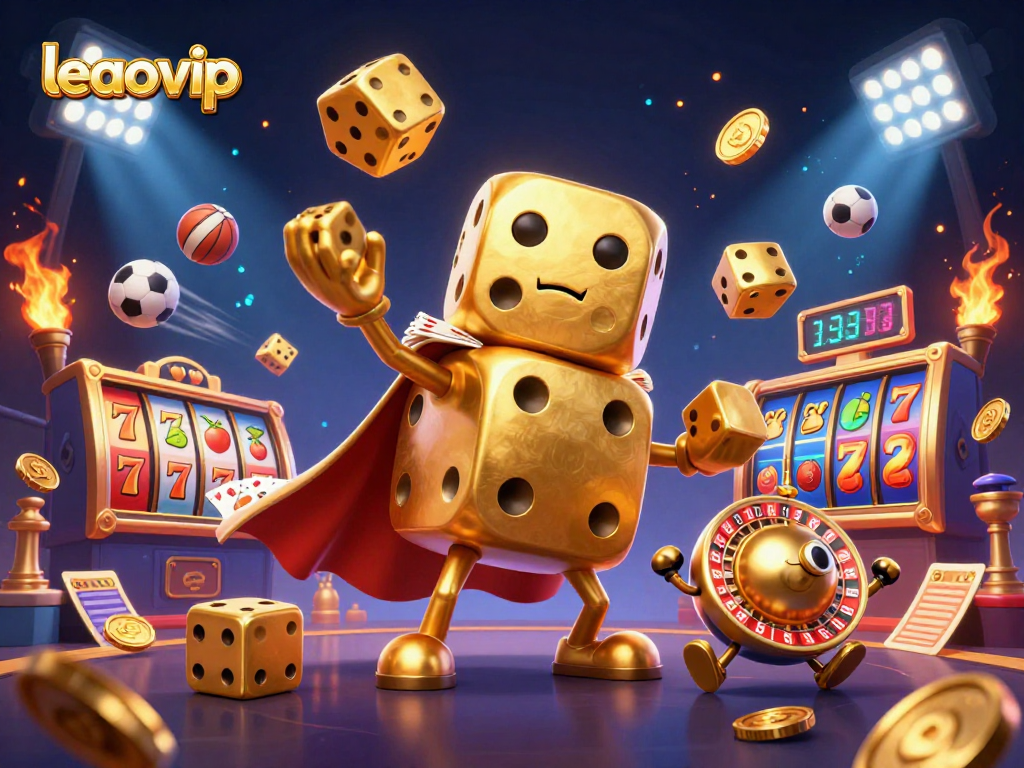 Engage with leaovip's vibrant golden dice golem juggling winnings amidst a colorful jackpot scene