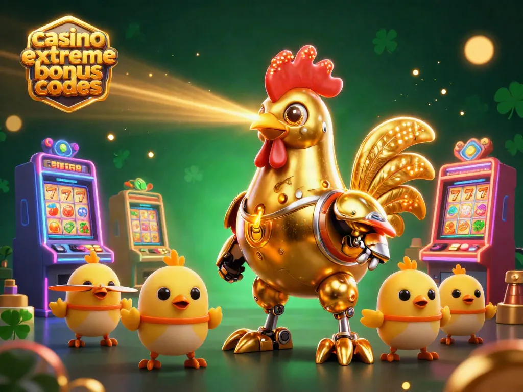 Engage with casino extreme bonus codes amidst a vibrant gaming scene featuring golden rooster robots and 3D slot machines.