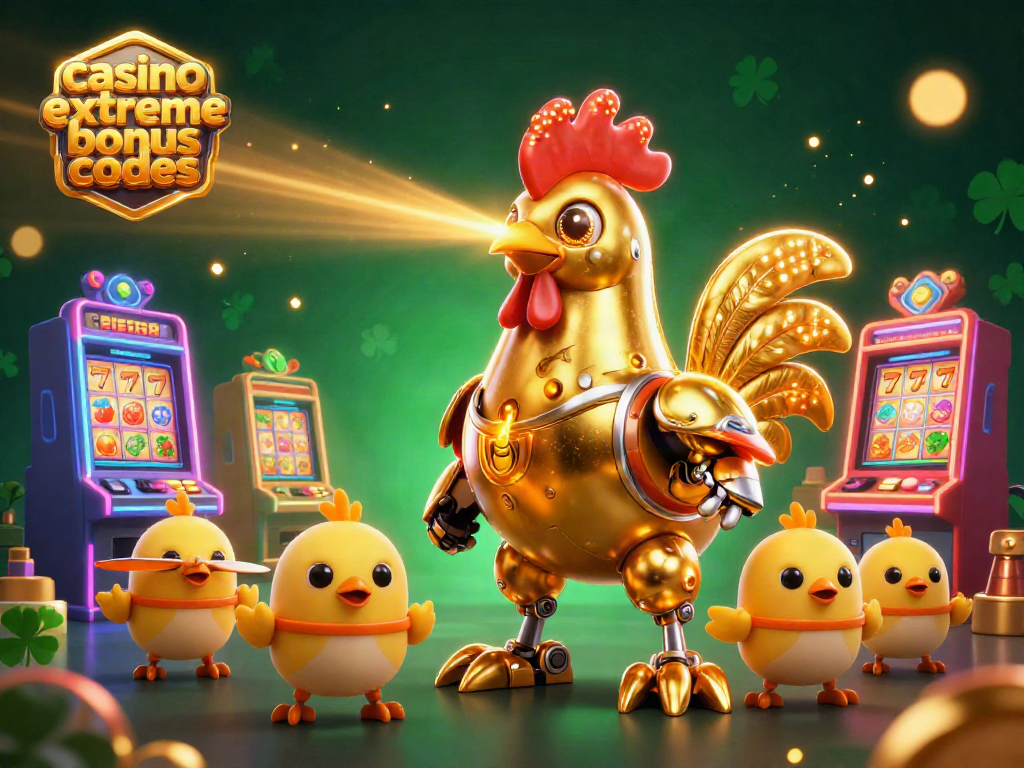 Engage with casino extreme bonus codes amidst a vibrant gaming scene featuring golden rooster robots and 3D slot machines.