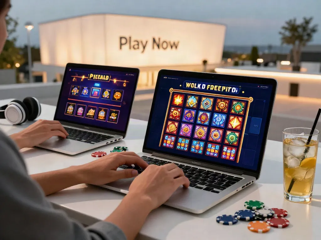 Engaging online gaming scene with link slot games displayed on a laptop amidst an inviting setup.
