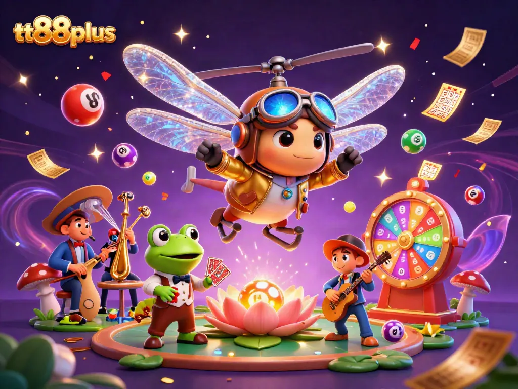 Spin and win at tt88plus with a vibrant casino scene featuring colorful games and friendly characters.