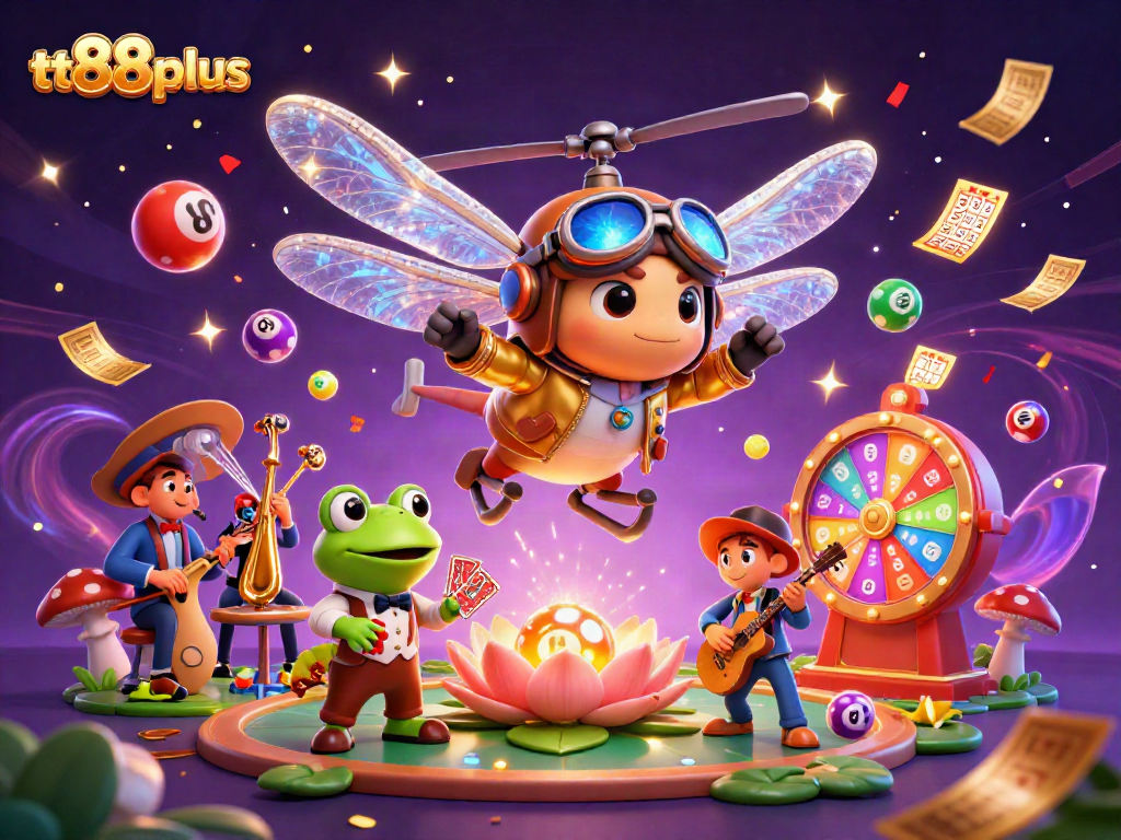 Spin and win at tt88plus with a vibrant casino scene featuring colorful games and friendly characters.