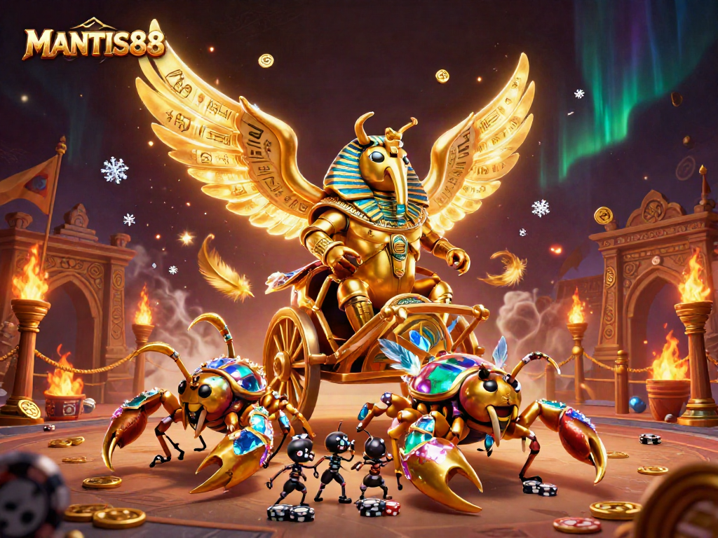 MANTIS88 illuminates with vibrant details, showcasing a giant golden scarab beetle navigating a thrilling casino adventure.
