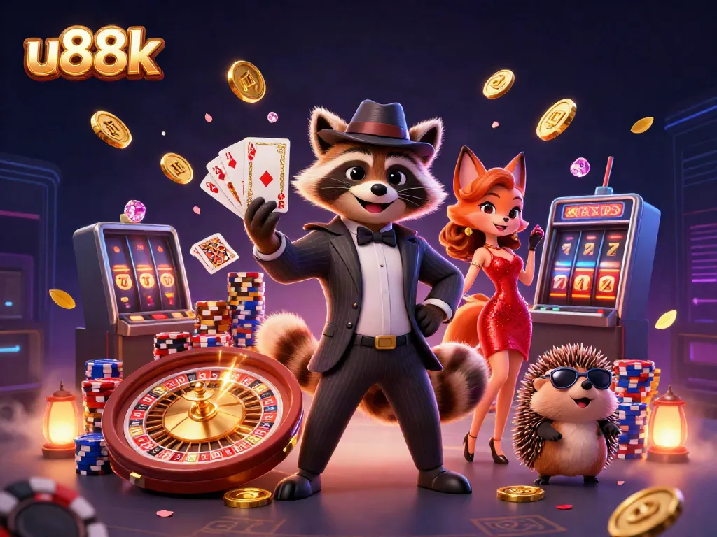 Experience thrilling wins at u88k with vibrant 3D casino characters amidst cascading gold coins and a spinning roulette wheel.