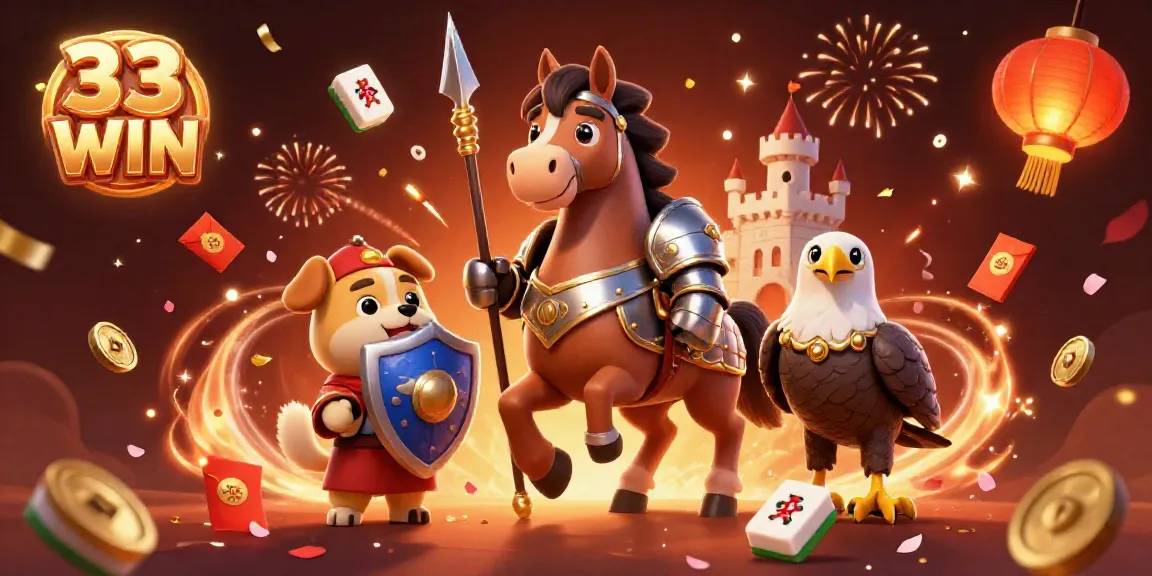 Engage with the excitement of 33 WIN through a vibrant 3D casino scene of knights and festive elements.