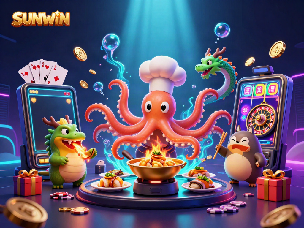 Experience the excitement of SUNWIN's unique gaming scene with dynamic casino elements and colorful characters.