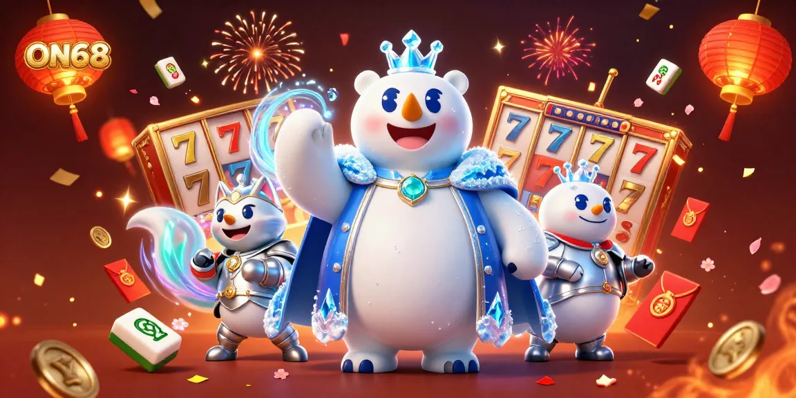 Engage with ON68's thrilling casino experience featuring dynamic elements like slot reels and joyful characters.