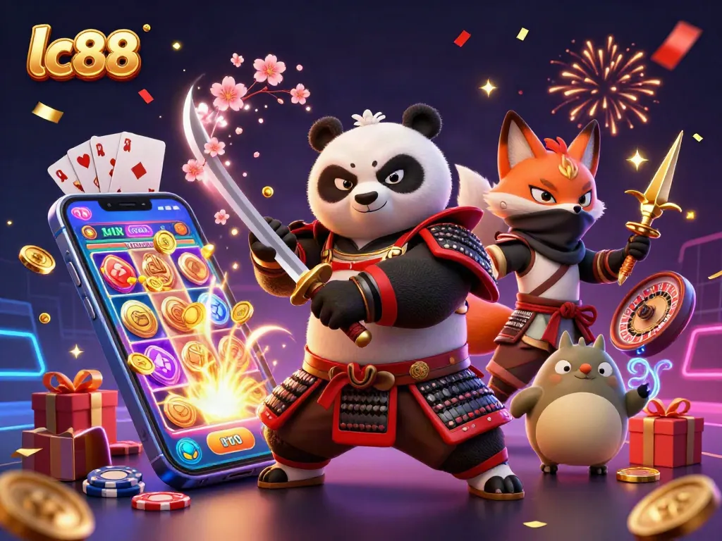 Experience thrilling wins with lc88 in a vibrant casino illustration featuring dynamic gaming elements.