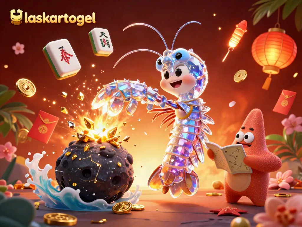 Experience the thrill of laskartogel with a galactic samurai mantis shrimp amidst jewels and festive symbols.