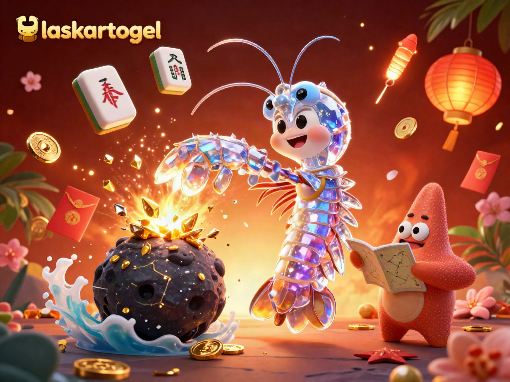 Experience the thrill of laskartogel with a galactic samurai mantis shrimp amidst jewels and festive symbols.