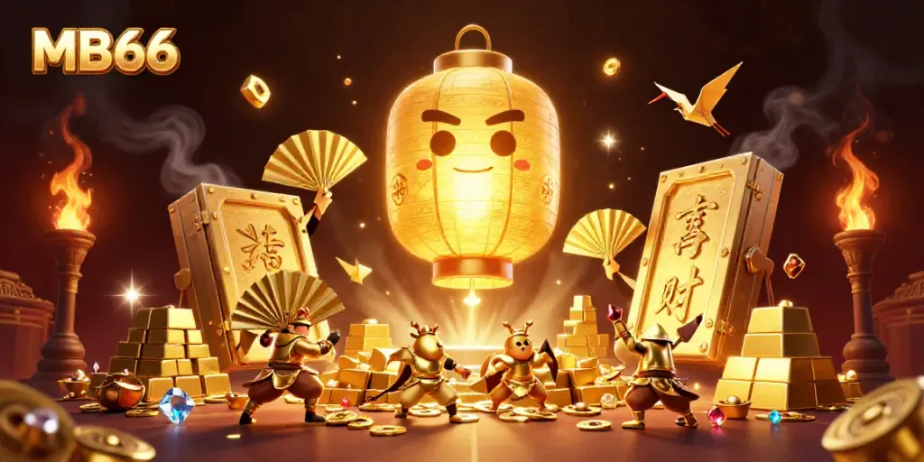 Win big with MB66 at a vibrant casino, illuminated by golden lanterns and jewels.