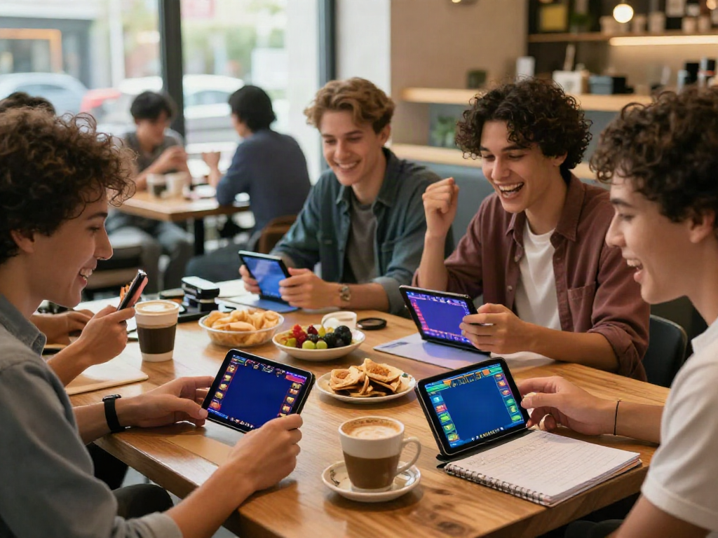 friends enjoying luxury12 slot games in a cozy café