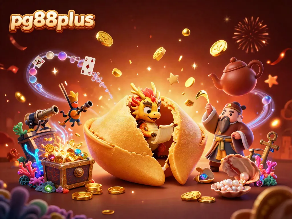 Experience the excitement of pg88plus with a vibrant 3D cartoon scene of fortune cookie adventures in an online casino.