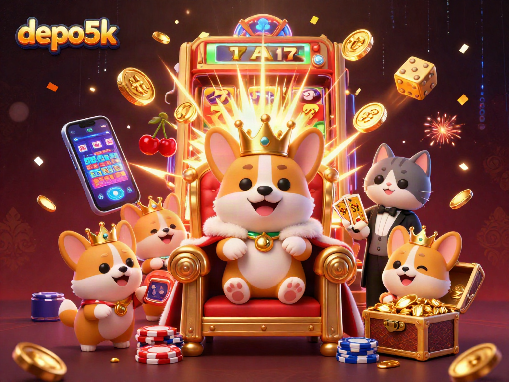 Experience thrilling jackpots with depo5k's vibrant 3D casino scene featuring a royal corgi.
