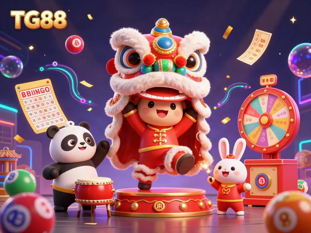 Experience the excitement of TG88 with vibrant characters, lottery elements, and casino-themed decorations.