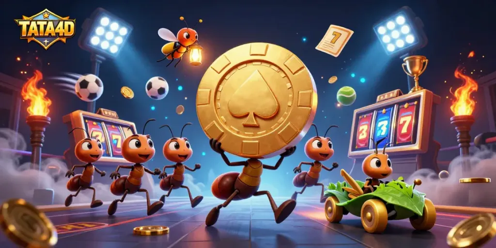 Ants completing a heist with a golden poker chip in the TATA4D casino scene full of vibrant elements.