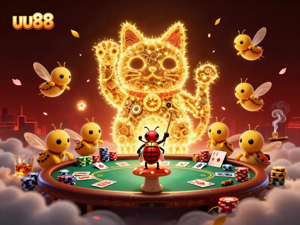 Experience big wins at uu88 with a mesmerizing 3D lucky cat surrounded by captivating poker elements.