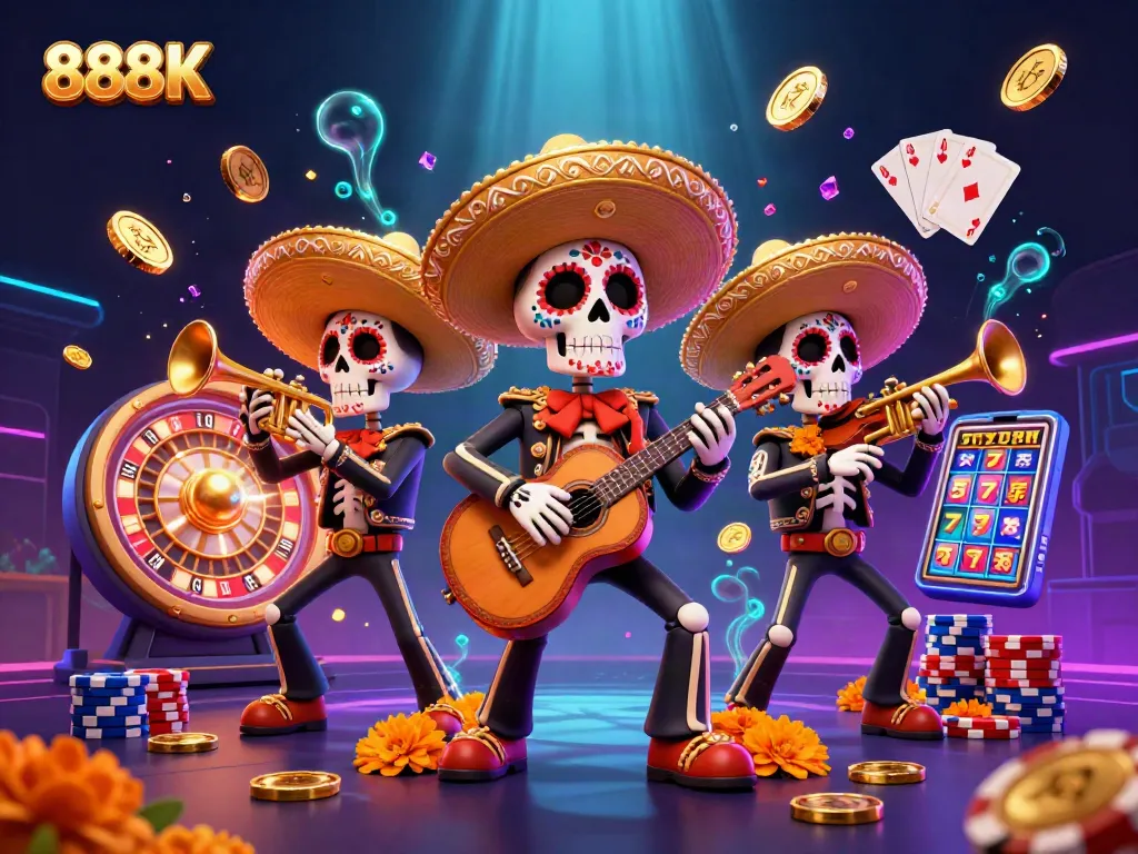 Experience the excitement of 888K with a vibrant mariachi band and cascading casino elements.